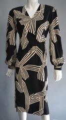 PAULINE TRIGERE Creme & Black Print Cocktail Dress with Bow Detail