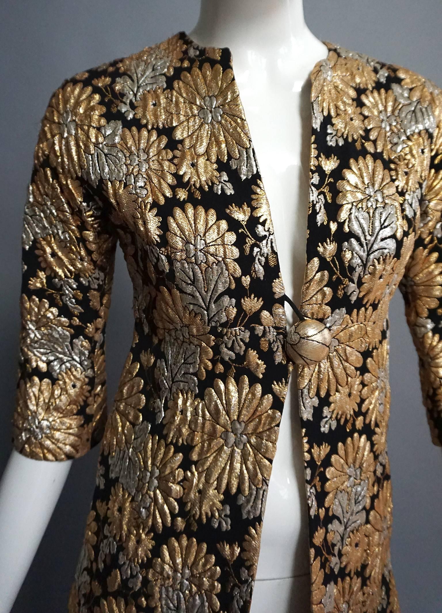 Brown SUZY PERETTE Gold & Silver Lame Floral Print Coat with