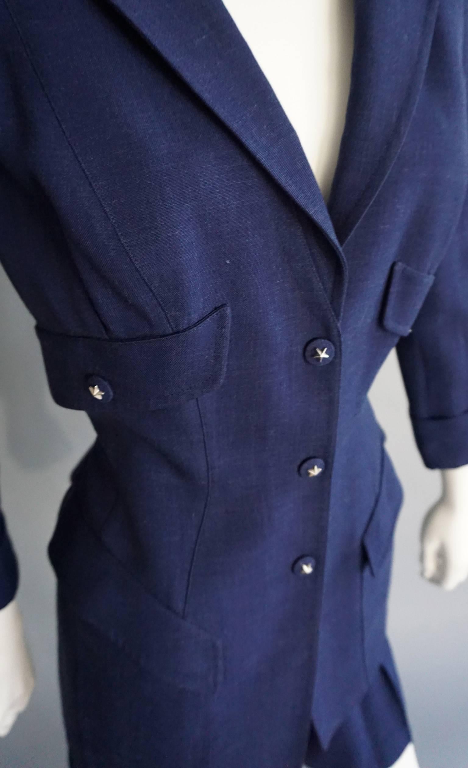 THIERRY MUGLER Navy Linen Fitted Jacket & Short Ensemble In Excellent Condition For Sale In New York, NY