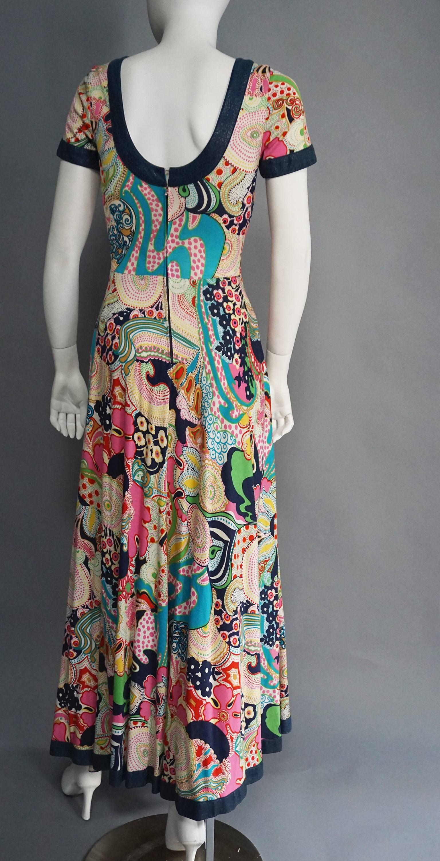 1970S LANVIN Print Cotton Maxi Dress with Navy Trim For Sale 1