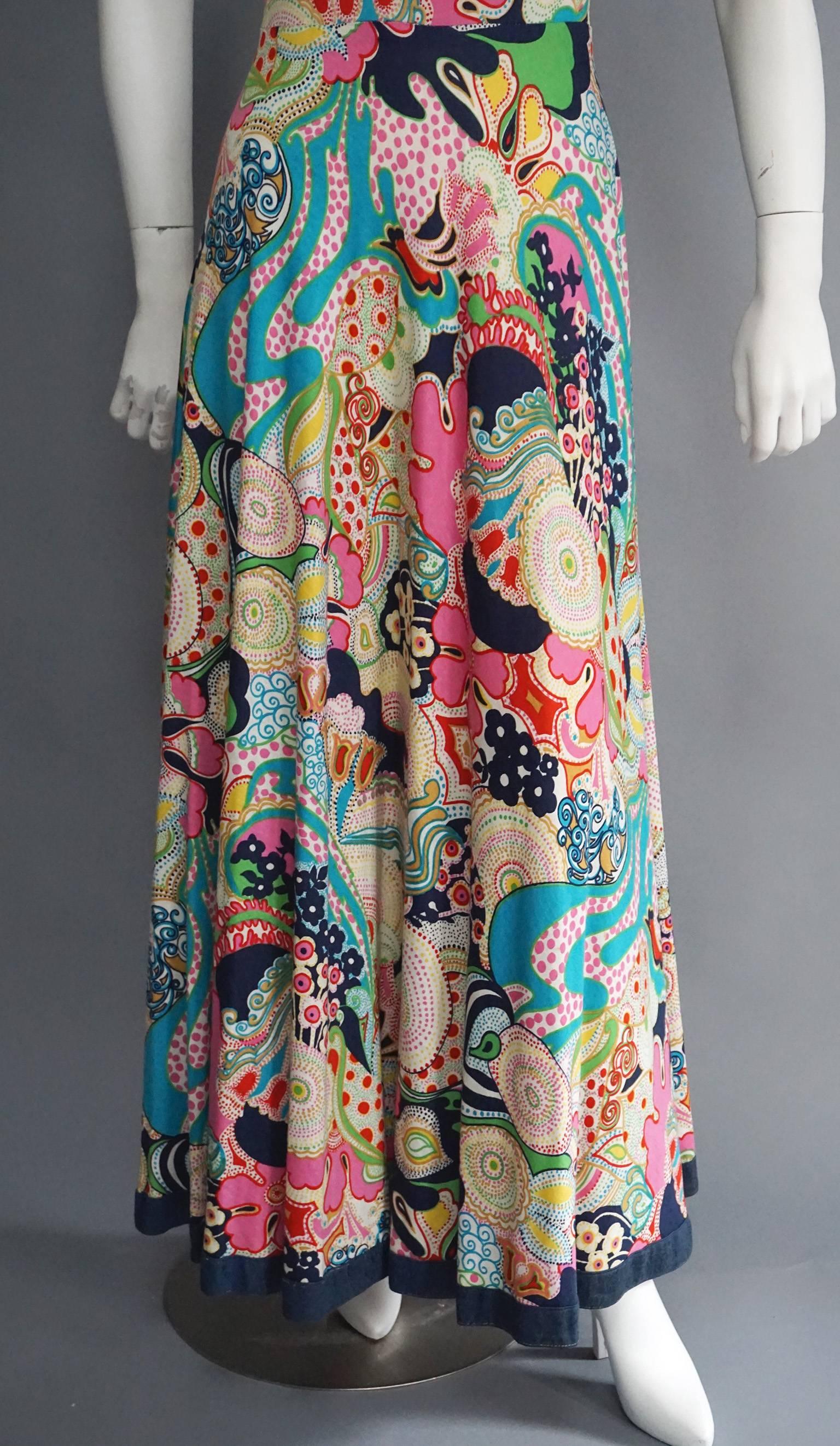 1970S LANVIN Print Cotton Maxi Dress with Navy Trim In Excellent Condition For Sale In New York, NY