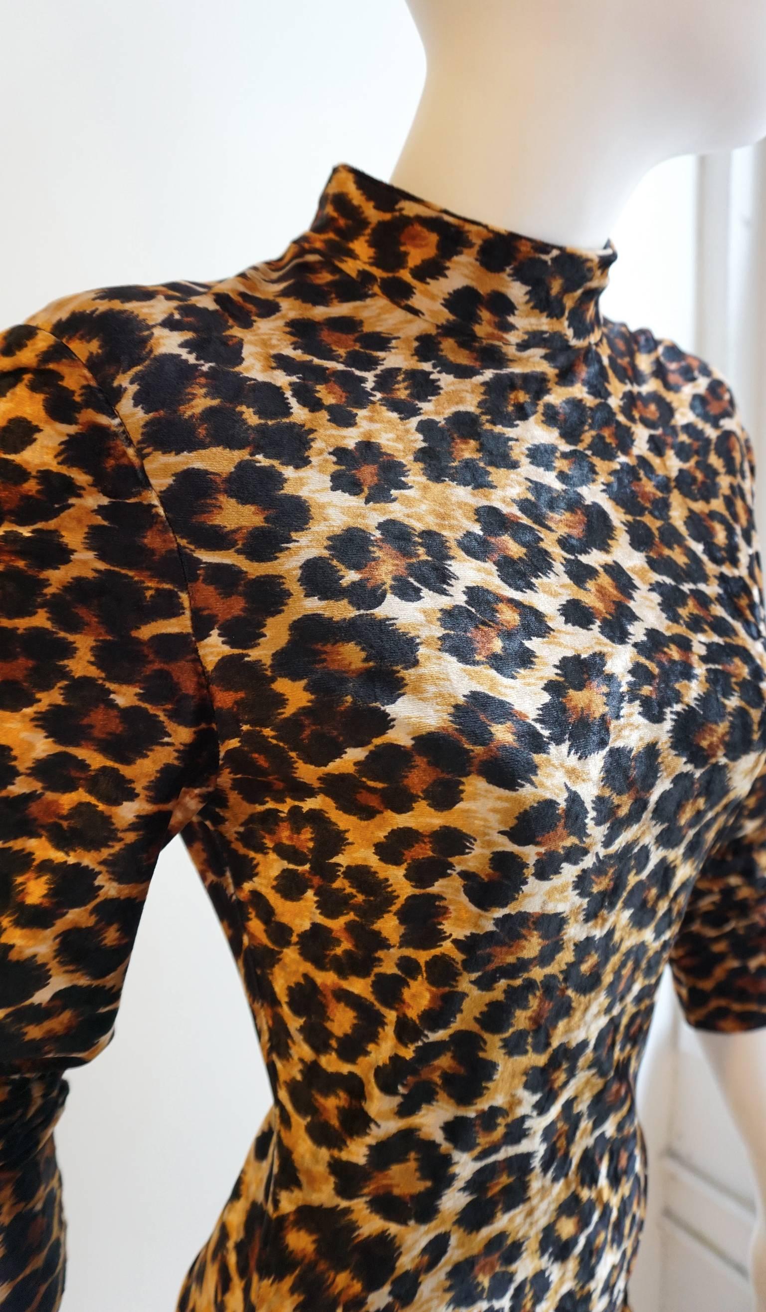 Black PATRICK KELLY Leopard Print Stretch Velvet Long Sleeve Fitted Dress For Sale