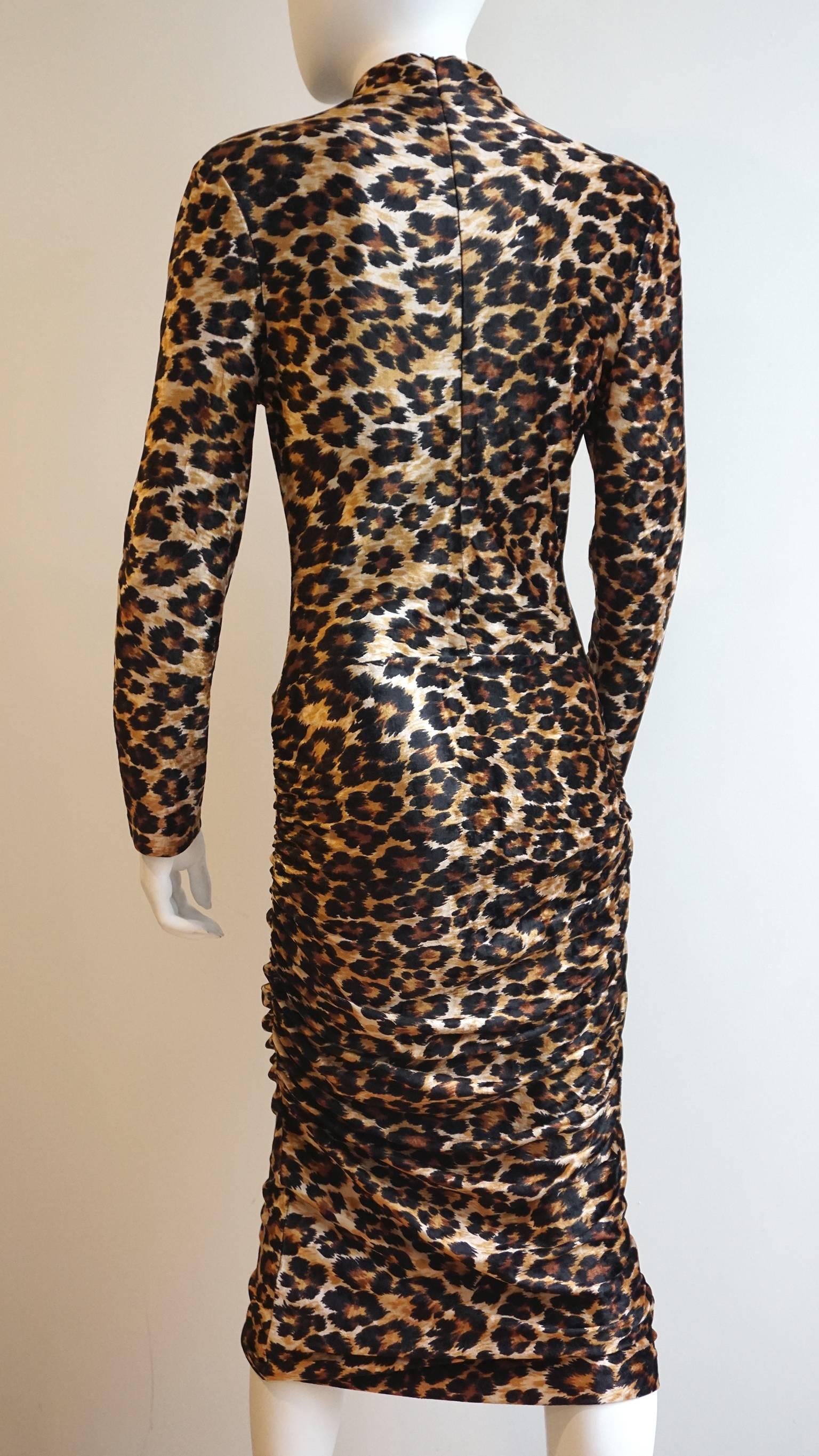 PATRICK KELLY Leopard Print Stretch Velvet Long Sleeve Fitted Dress In Excellent Condition For Sale In New York, NY
