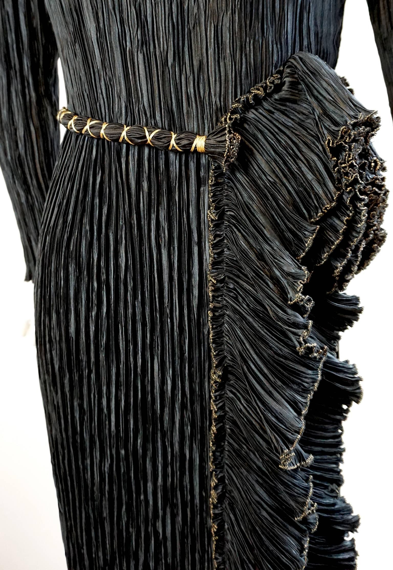 MARY MCFADDEN Black & Gold Pleated Ruffle Gown In Excellent Condition In New York, NY