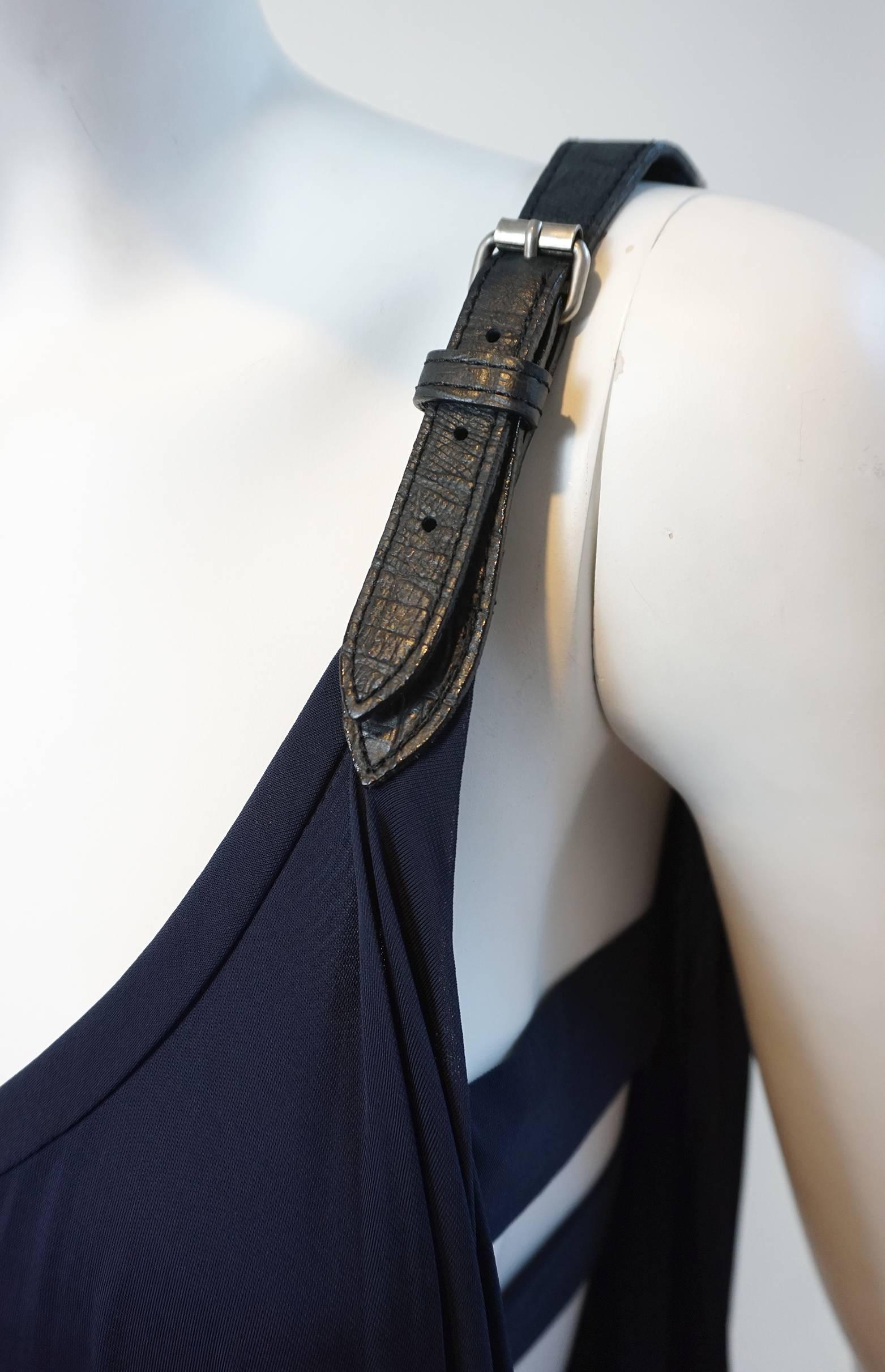 YIGAL AZROUEL Navy Jersey Draped Gown with Leather Strap Detail In Excellent Condition In New York, NY