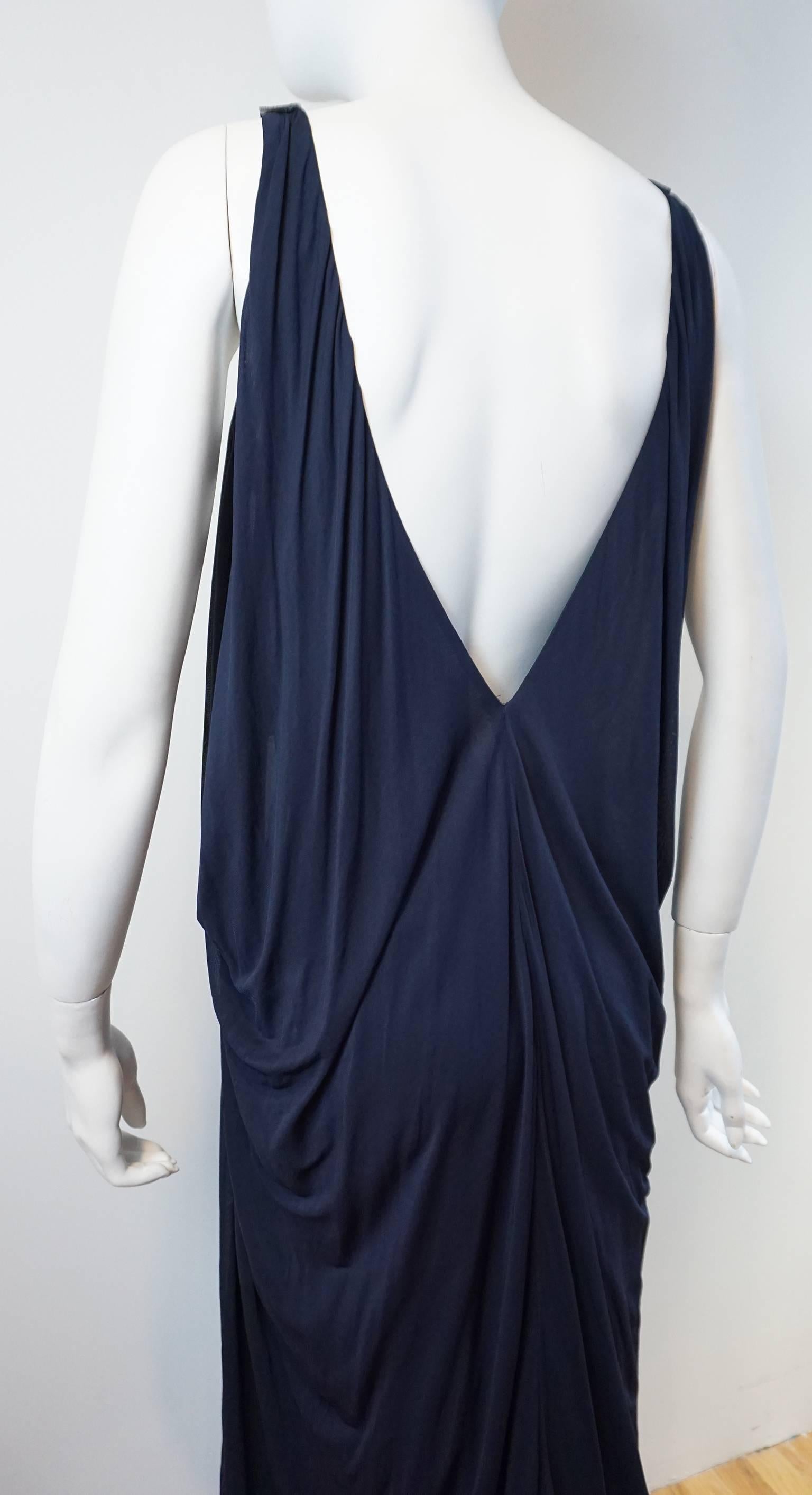 YIGAL AZROUEL Navy Jersey Draped Gown with Leather Strap Detail 2