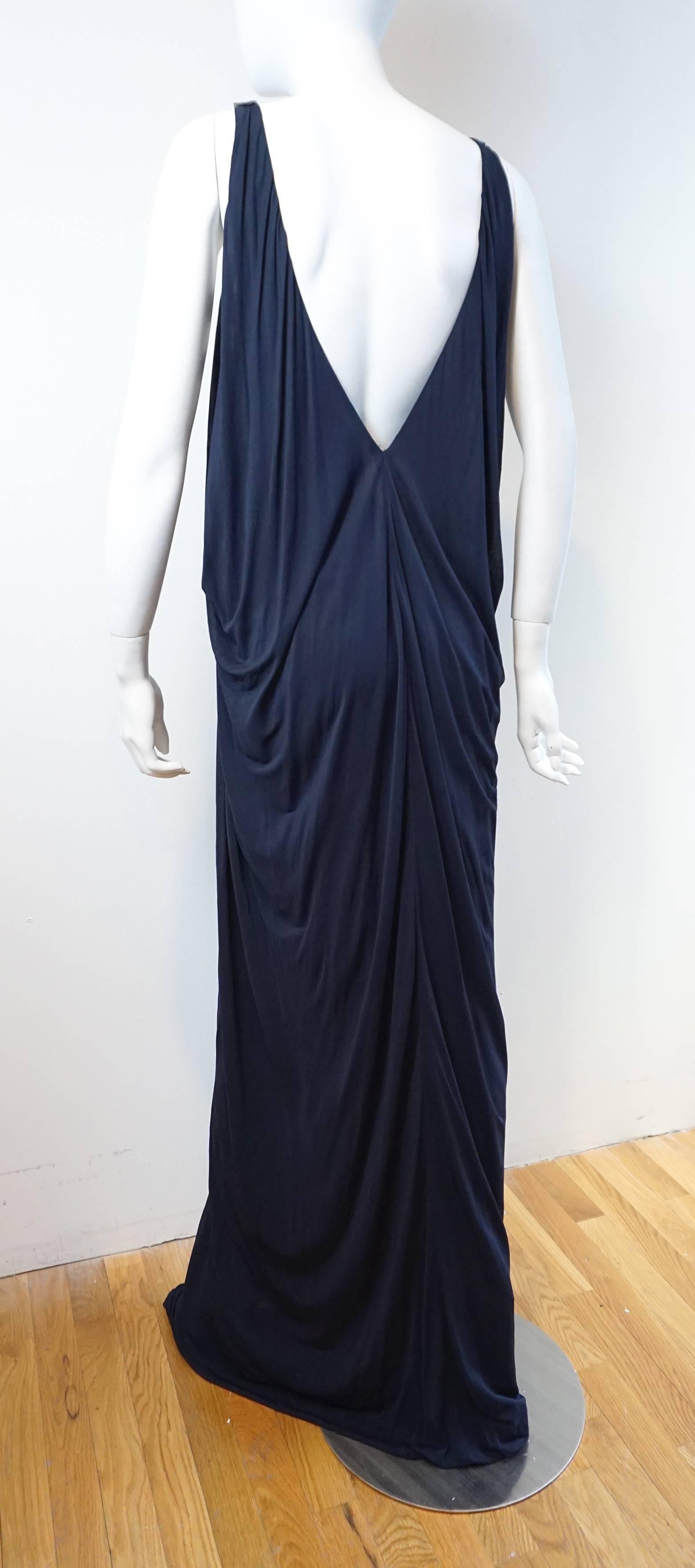 YIGAL AZROUEL Navy Jersey Draped Gown with Leather Strap Detail 1