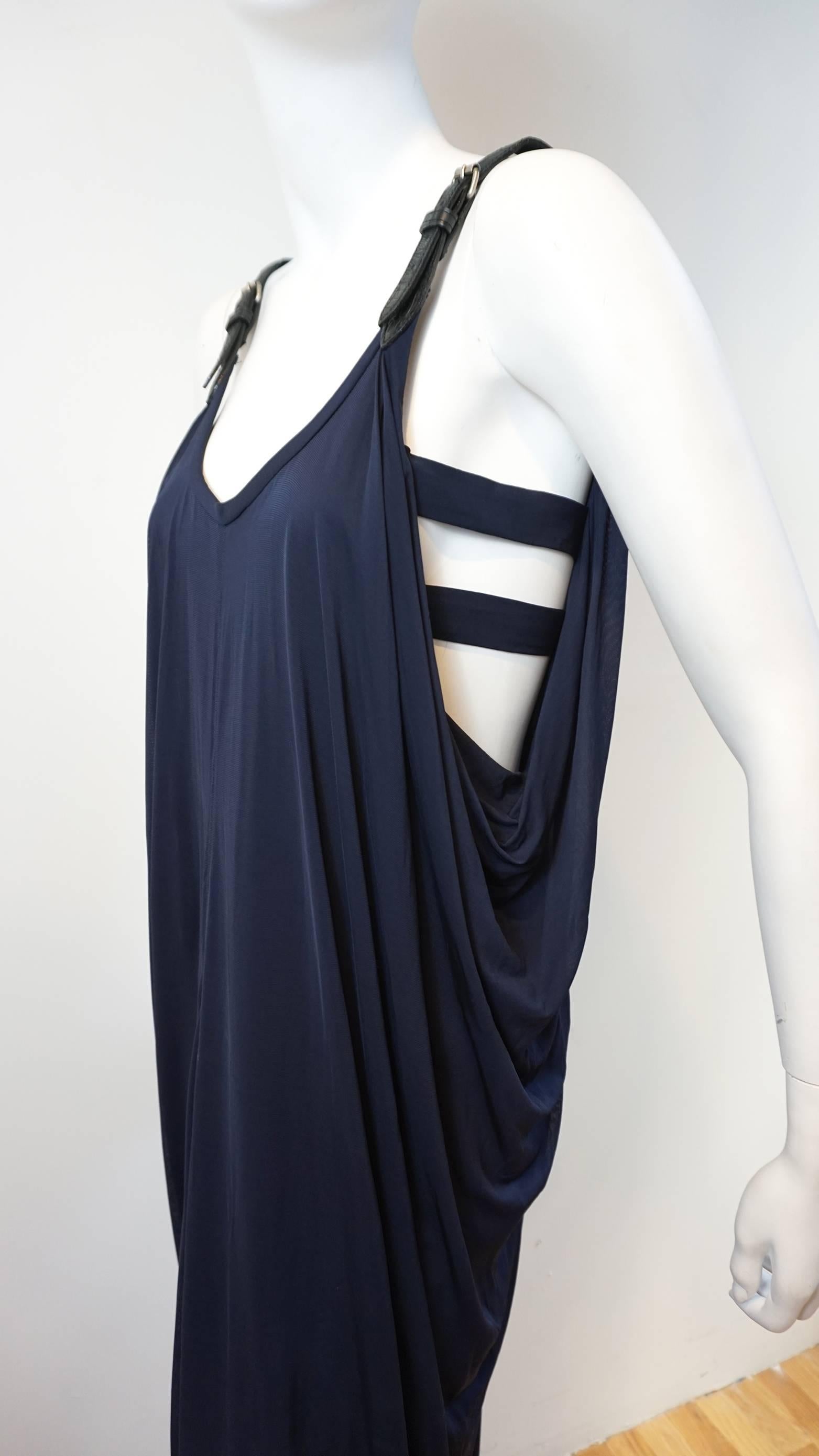 Black YIGAL AZROUEL Navy Jersey Draped Gown with Leather Strap Detail
