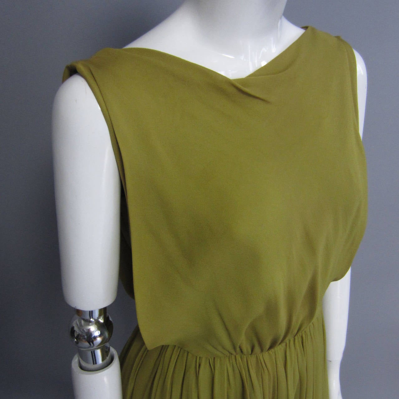 Brown 1960s Olive Green Chiffon Cocktail Dress with Pleated Detail For Sale