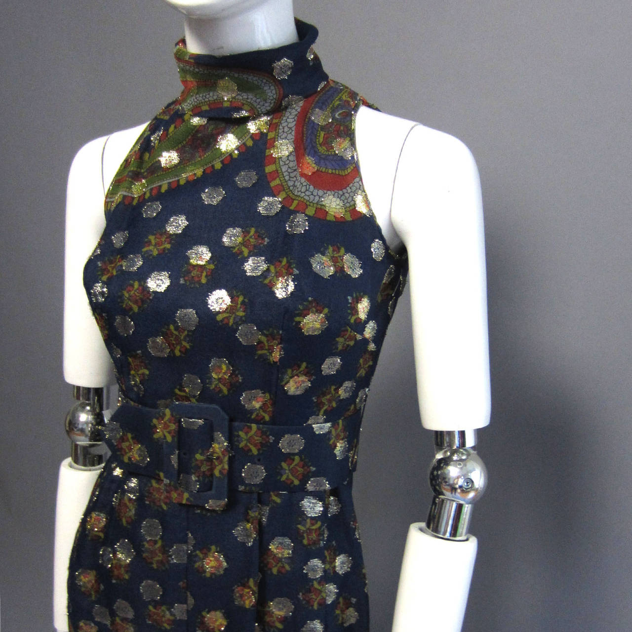 LILLIE RUBEN Paisley Print & Lame Polka Dot Dress In Excellent Condition In New York, NY