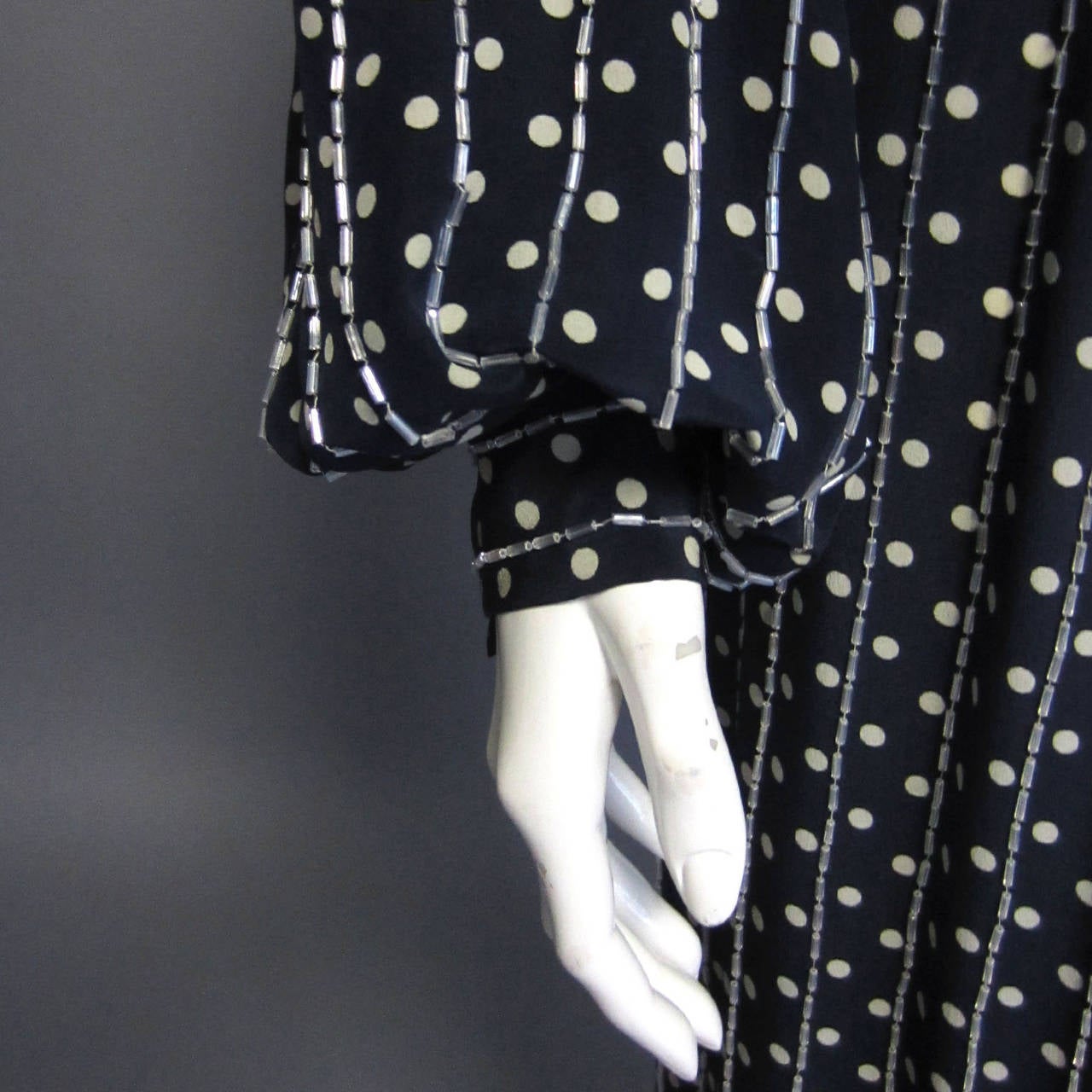 Women's BILL BLASS Navy & Grey Polka Dot Beaded Long Sleeve Gown For Sale