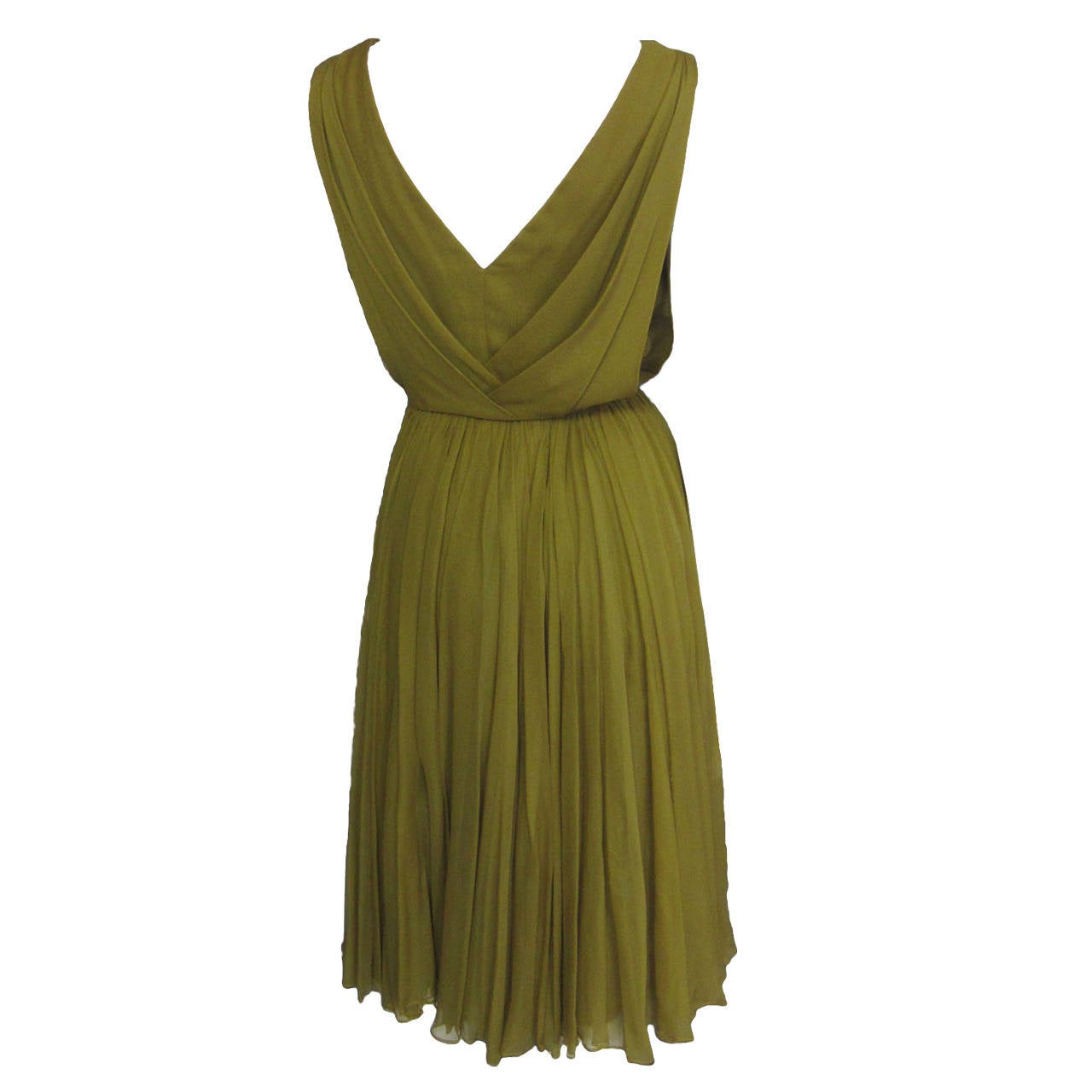 1960s Olive Green Chiffon Cocktail Dress with Pleated Detail For Sale