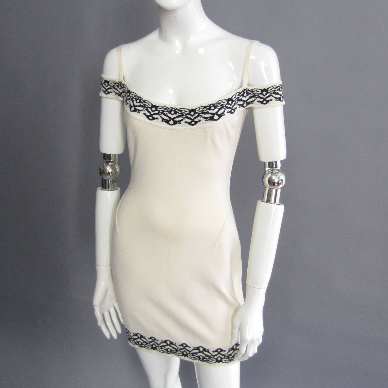 1990s ALAIA Off White Body Con Dress with Black Print Trim 3