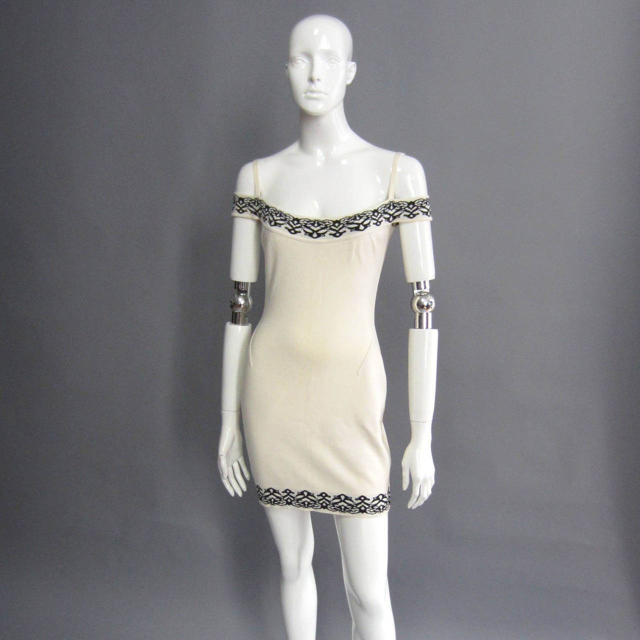 Women's 1990s ALAIA Off White Body Con Dress with Black Print Trim