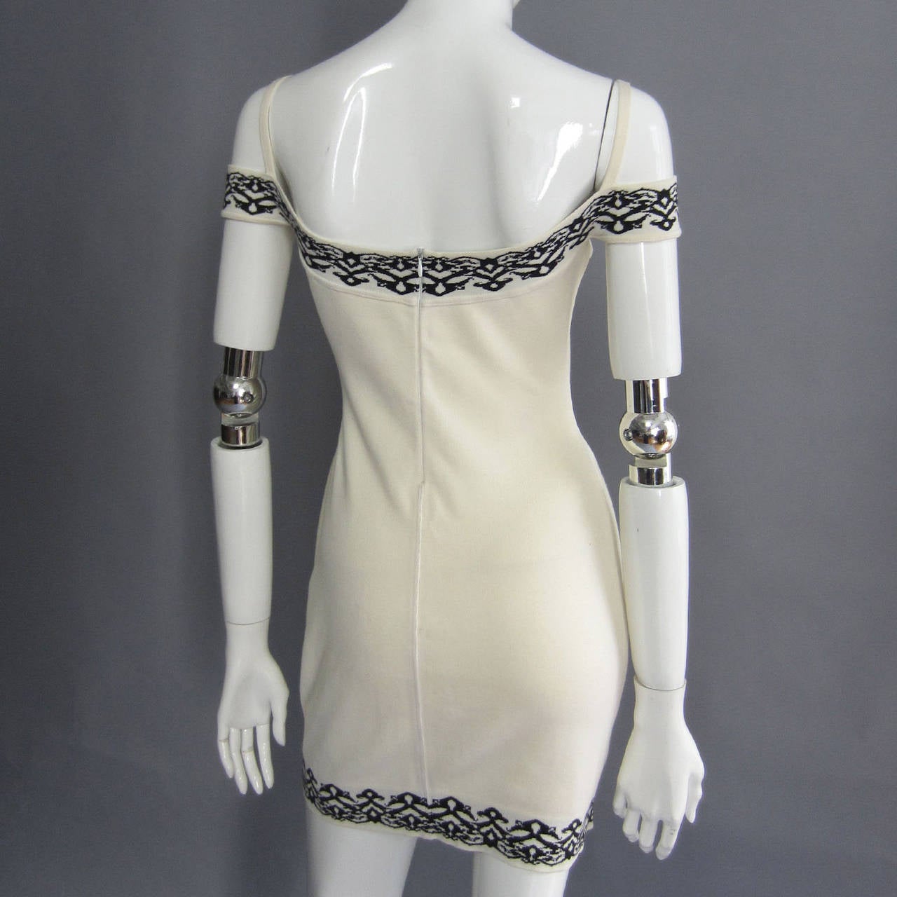 1990s ALAIA Off White Body Con Dress with Black Print Trim 1