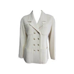 CHANEL Creme Wool Blaser with Double Pocket Detail and Gold Logo Buttons