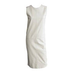 HERMES White Leather Shift Dress with Seam Detail