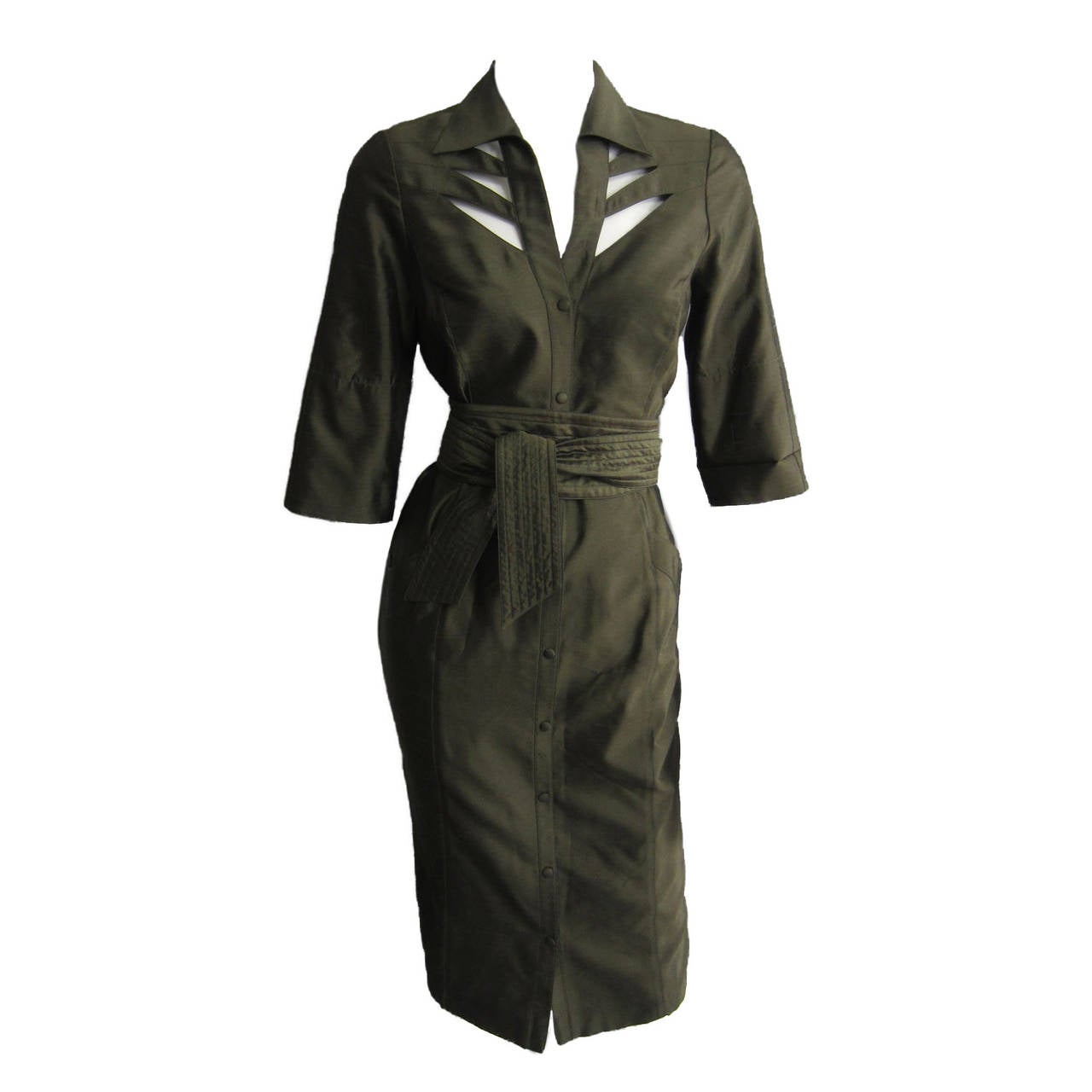 THIERRY MUGLER Green Silk Dress with Cutout Details and Obi Belt