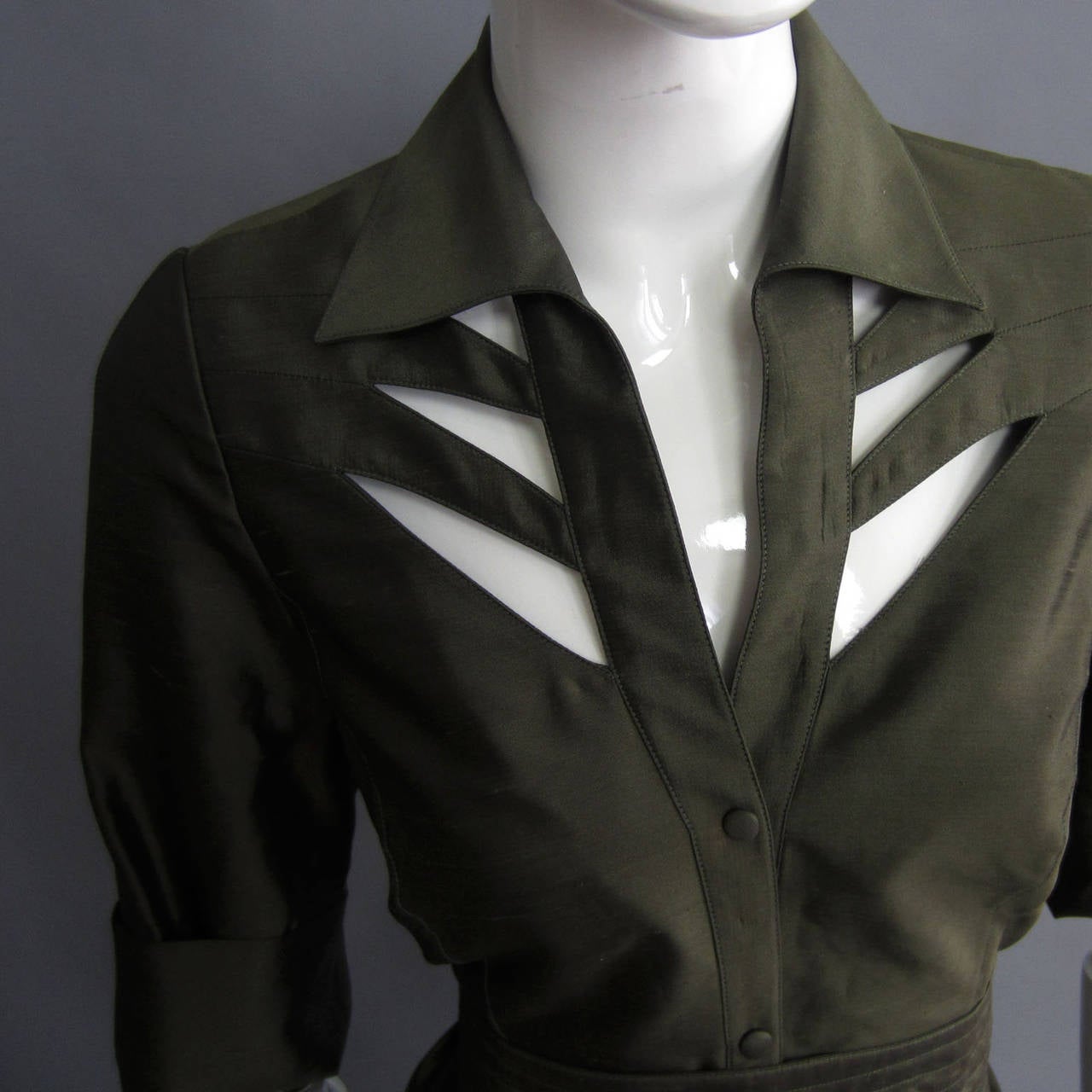 Black THIERRY MUGLER Green Silk Dress with Cutout Details and Obi Belt