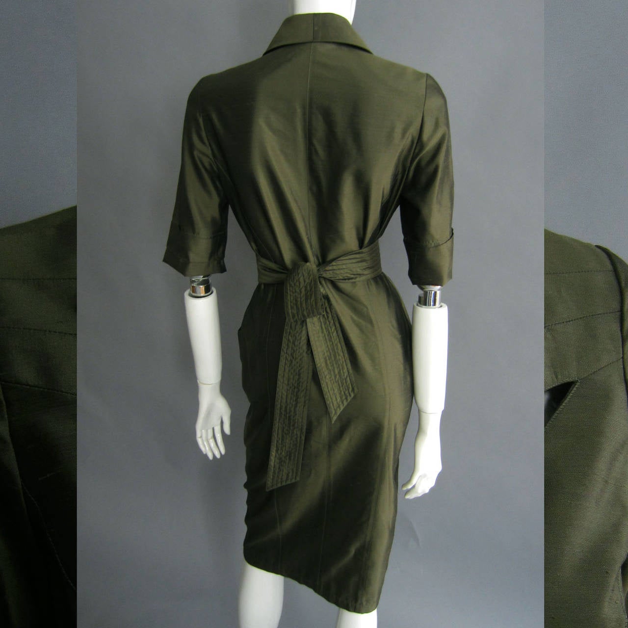 THIERRY MUGLER Green Silk Dress with Cutout Details and Obi Belt 1