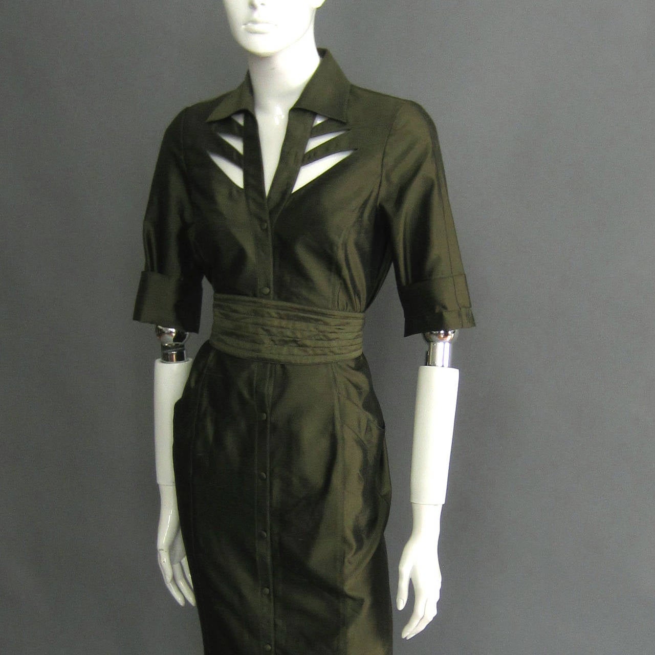Women's THIERRY MUGLER Green Silk Dress with Cutout Details and Obi Belt