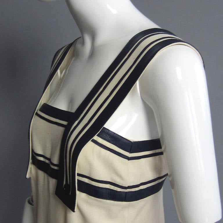 BERNARD PERRIS Creme Dress with Navy Leather Trim In Excellent Condition In New York, NY