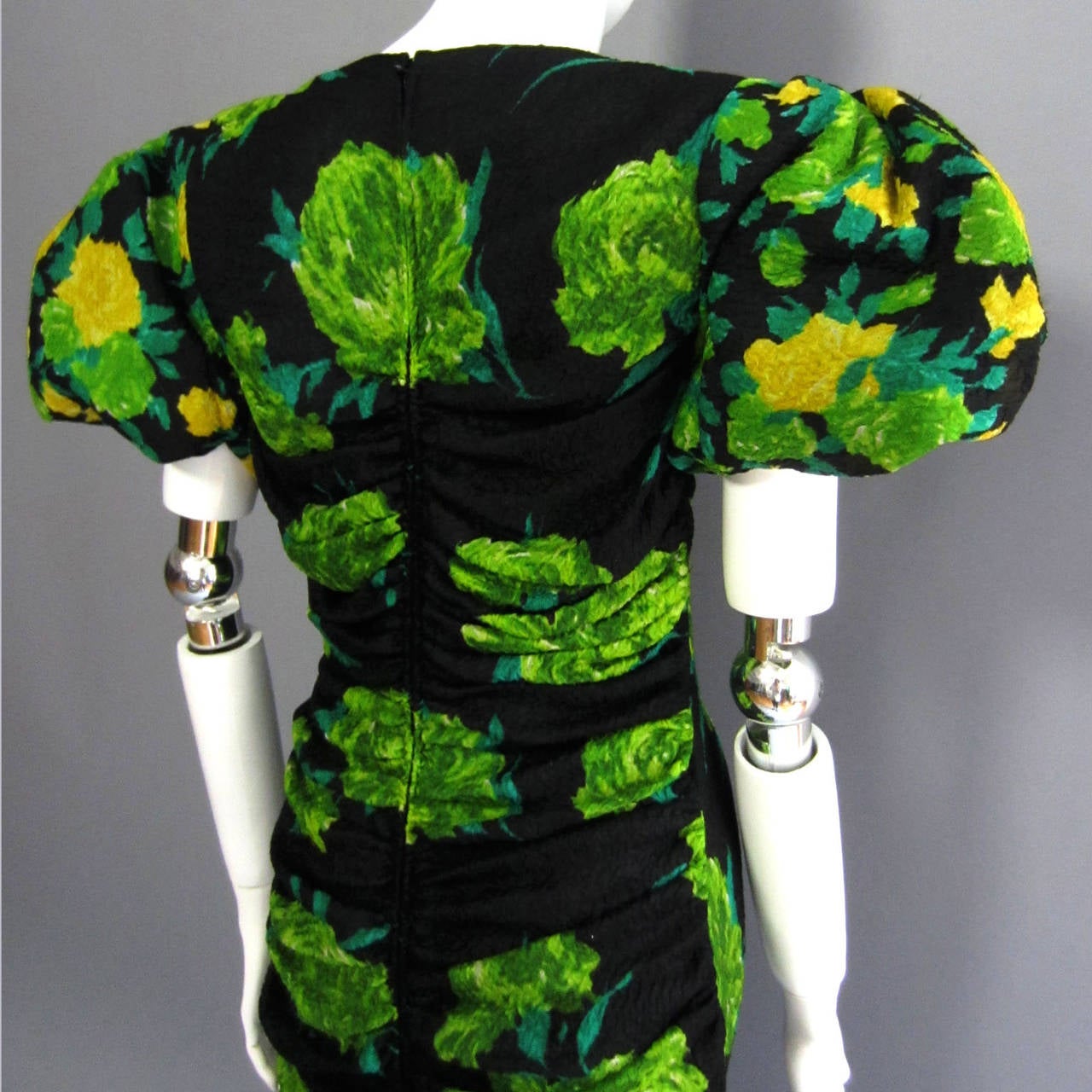 JAMES GALANOS Floral Print Gown with Pouf Sleeve Detail For Sale 1