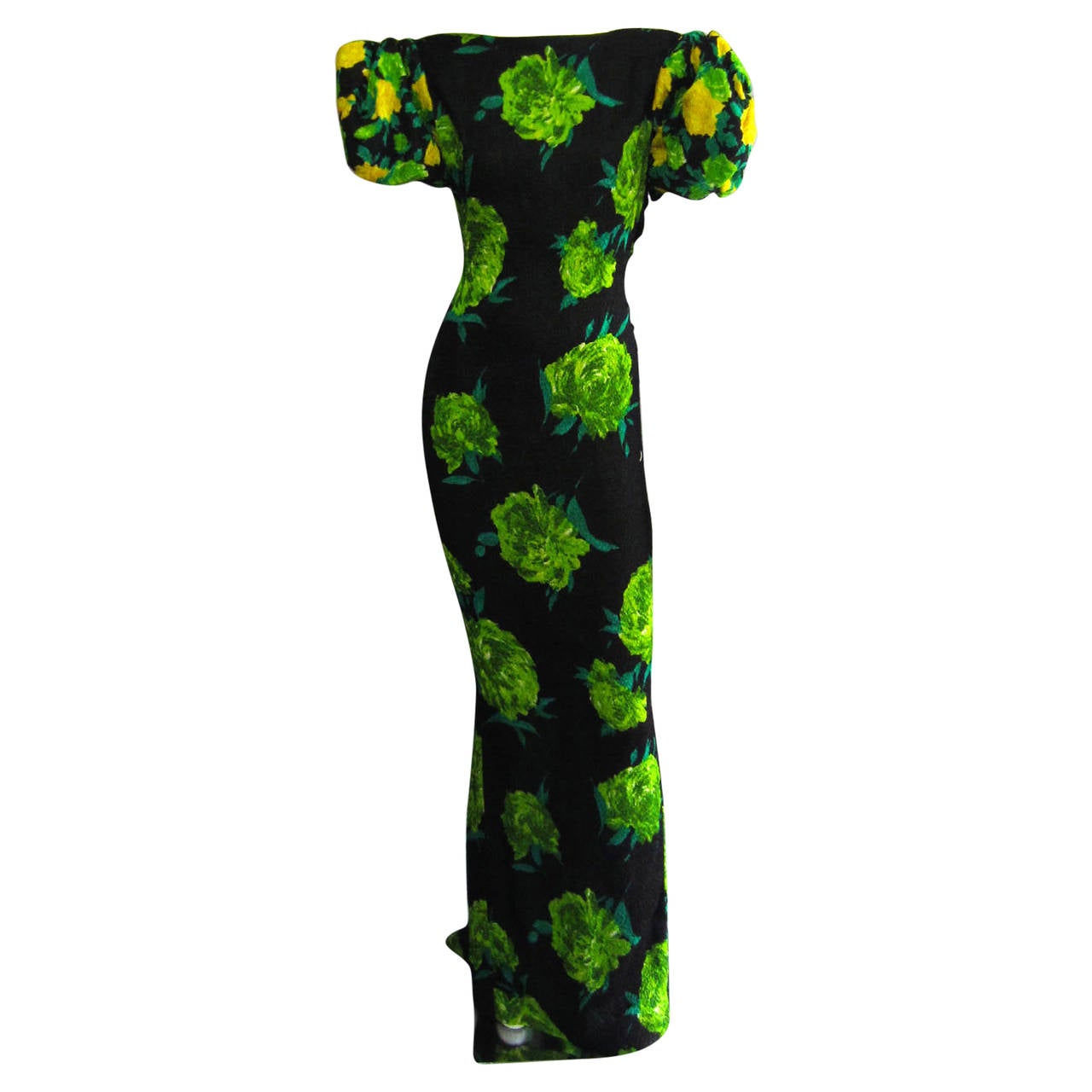 JAMES GALANOS Floral Print Gown with Pouf Sleeve Detail For Sale