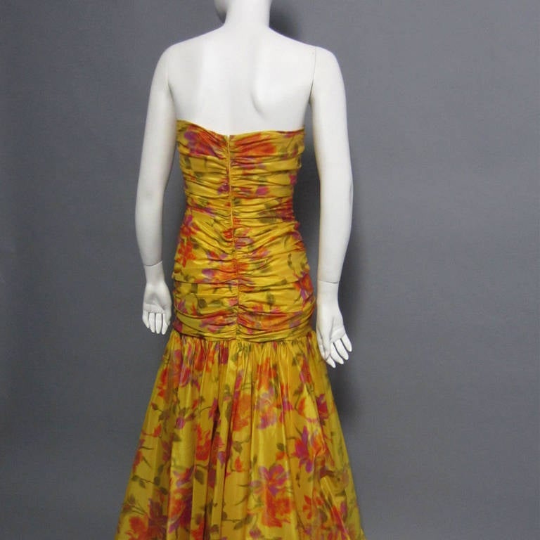 Brown BRUCE OLDFIELD Floral Print Strapless Gown For Sale