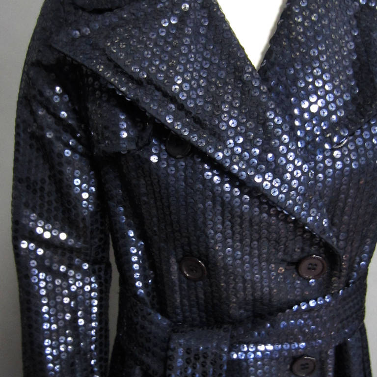 BILL BLASS for BOND St. Navy Sequin Trench Coat In Excellent Condition In New York, NY