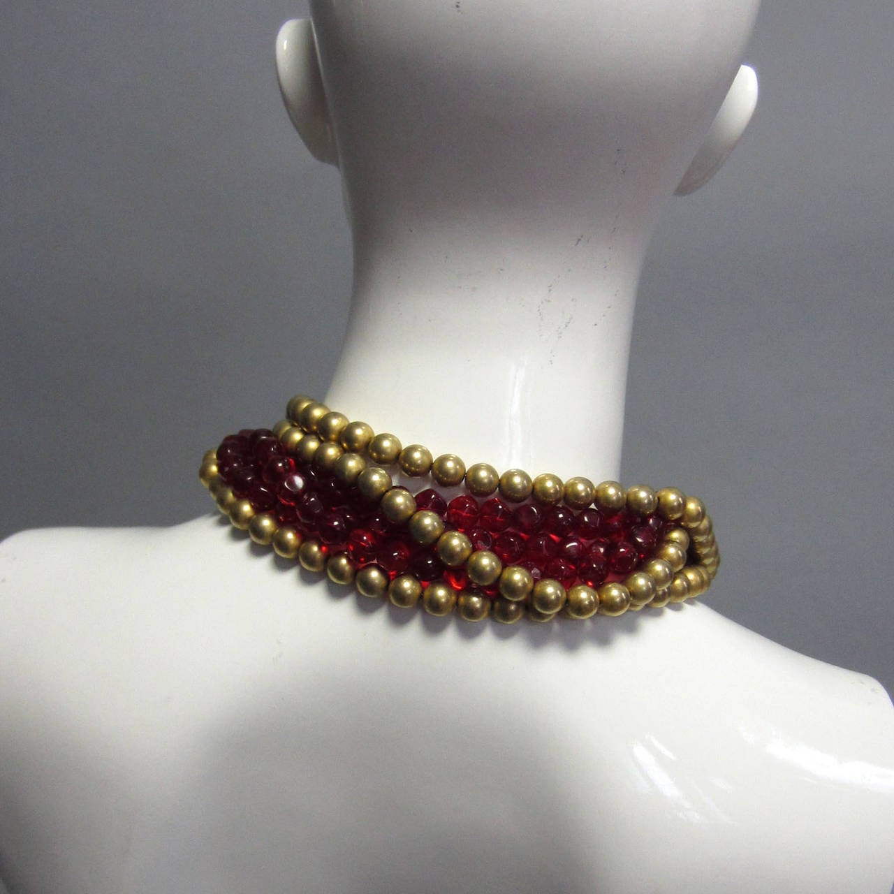 1980s Gripoix Multi Strand Red and Gold Bead Necklace In Excellent Condition For Sale In New York, NY