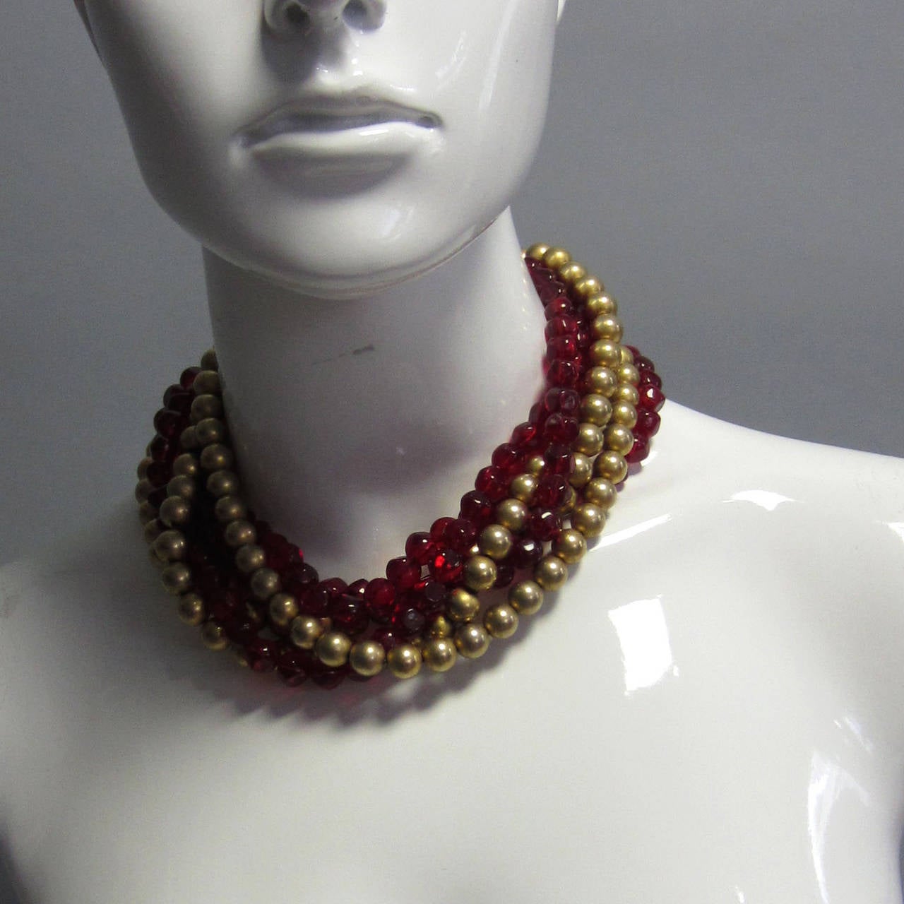 Women's 1980s Gripoix Multi Strand Red and Gold Bead Necklace For Sale