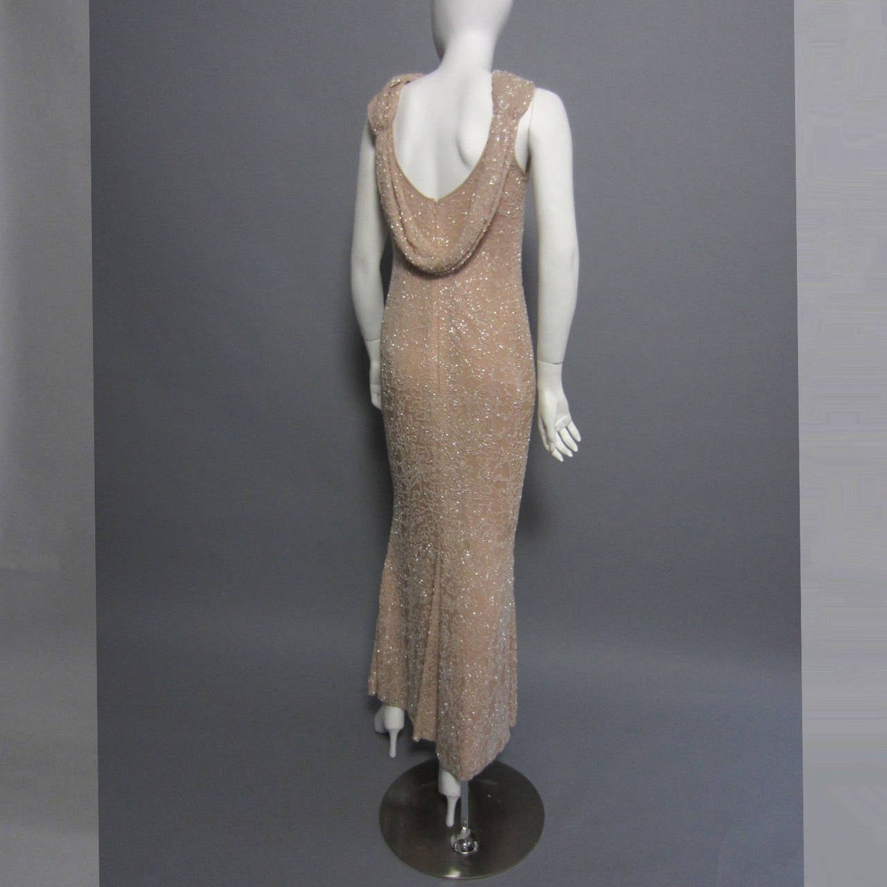 HALSTON Fully Beaded Silk Chiffon Gown with Draped Back Detail For Sale 2