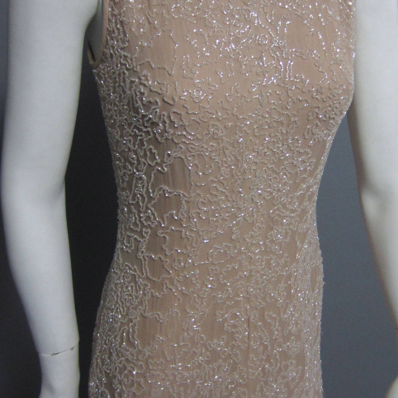 HALSTON Fully Beaded Silk Chiffon Gown with Draped Back Detail In Excellent Condition For Sale In New York, NY
