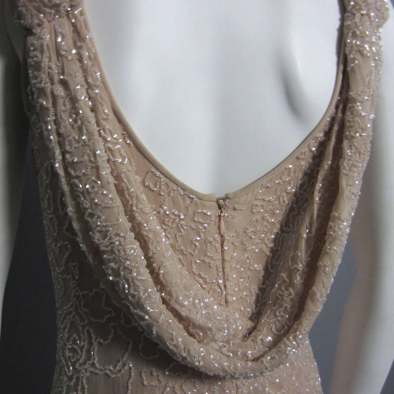 HALSTON Fully Beaded Silk Chiffon Gown with Draped Back Detail For Sale 3