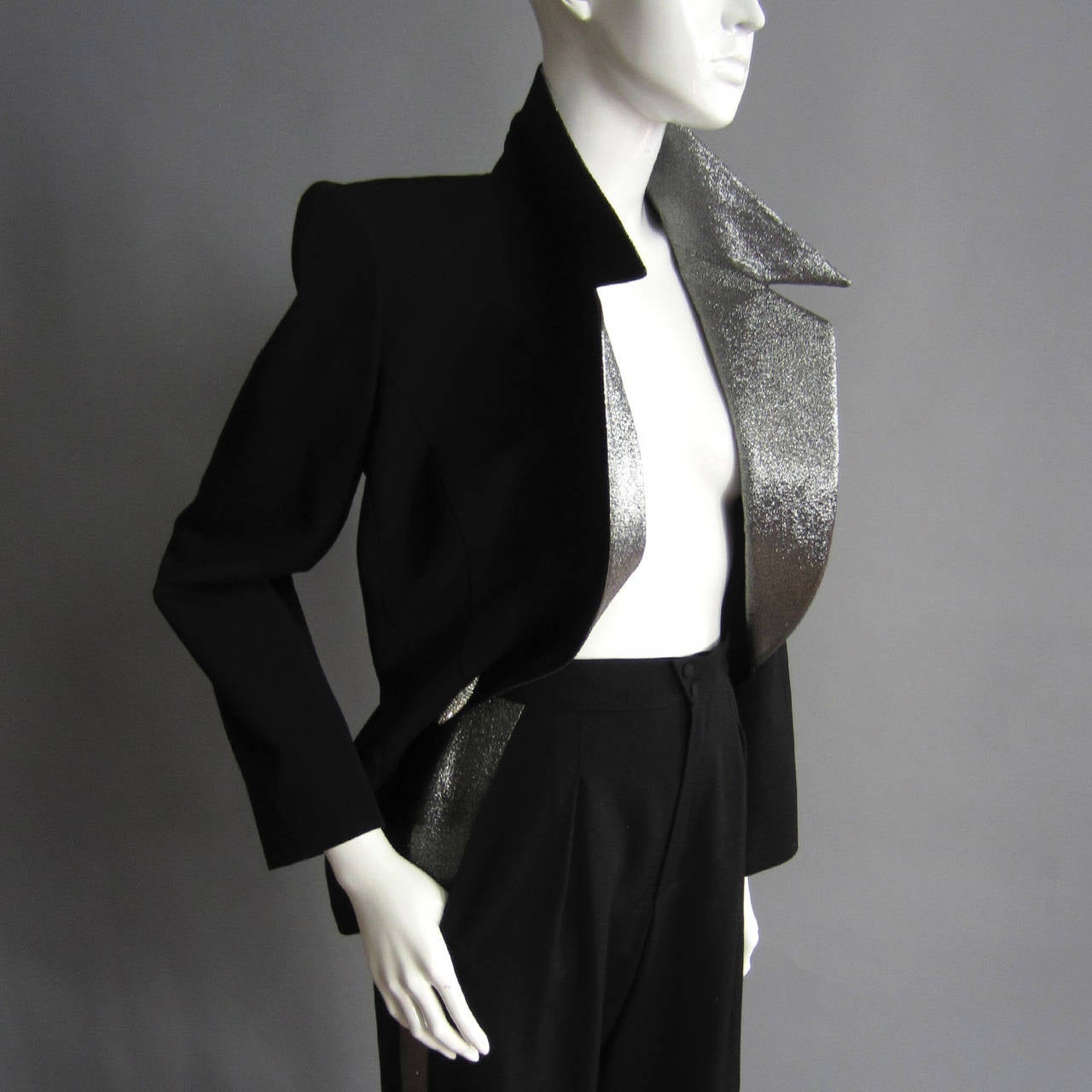 Women's THIERRY MUGLER Black Wool and Silver Lame Pant Suit