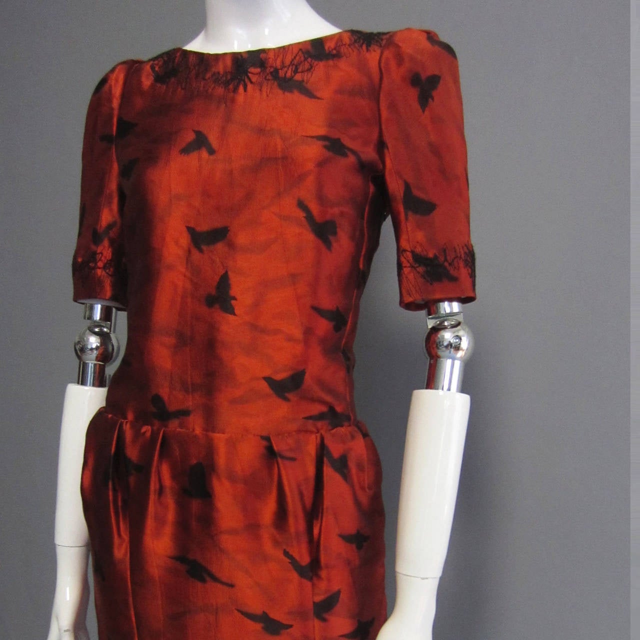 Red ROCHAS Pre Fall 2006 Silk Print Dress with Embroidery Detail For Sale