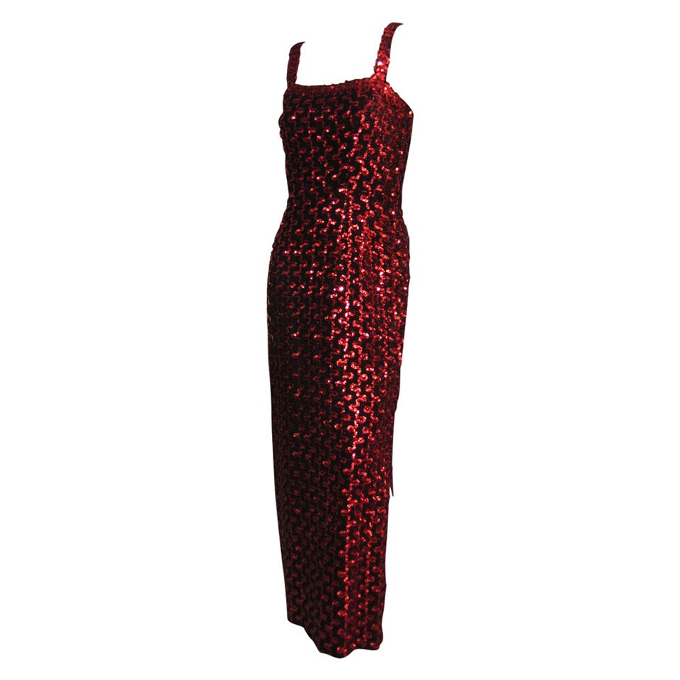 LILLIE DIAMOND Red Sequin Knit Gown with Slit Detail For Sale