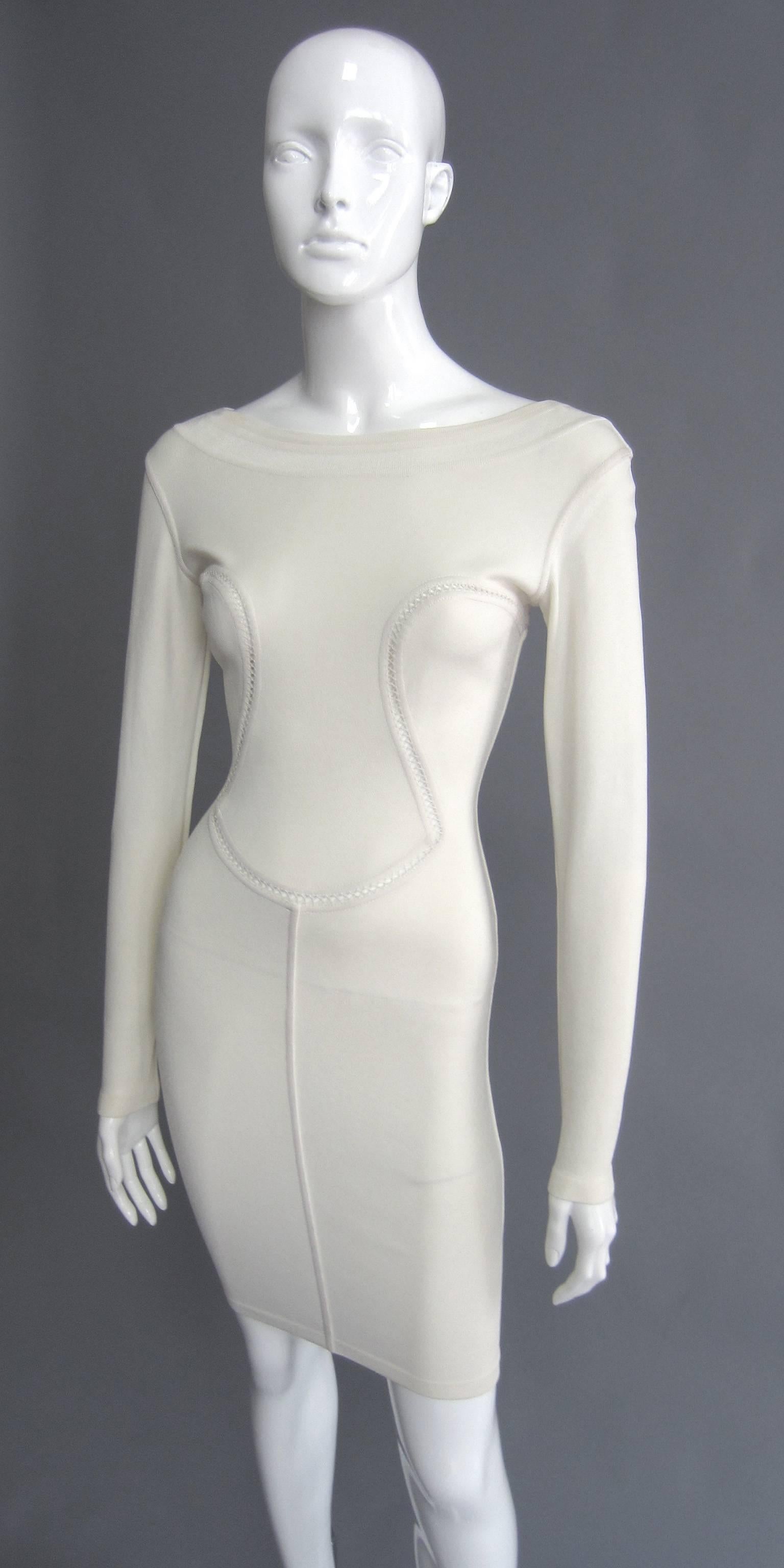 Gray 1990s ALAIA White Long Sleeve Dress with Lattice Detail