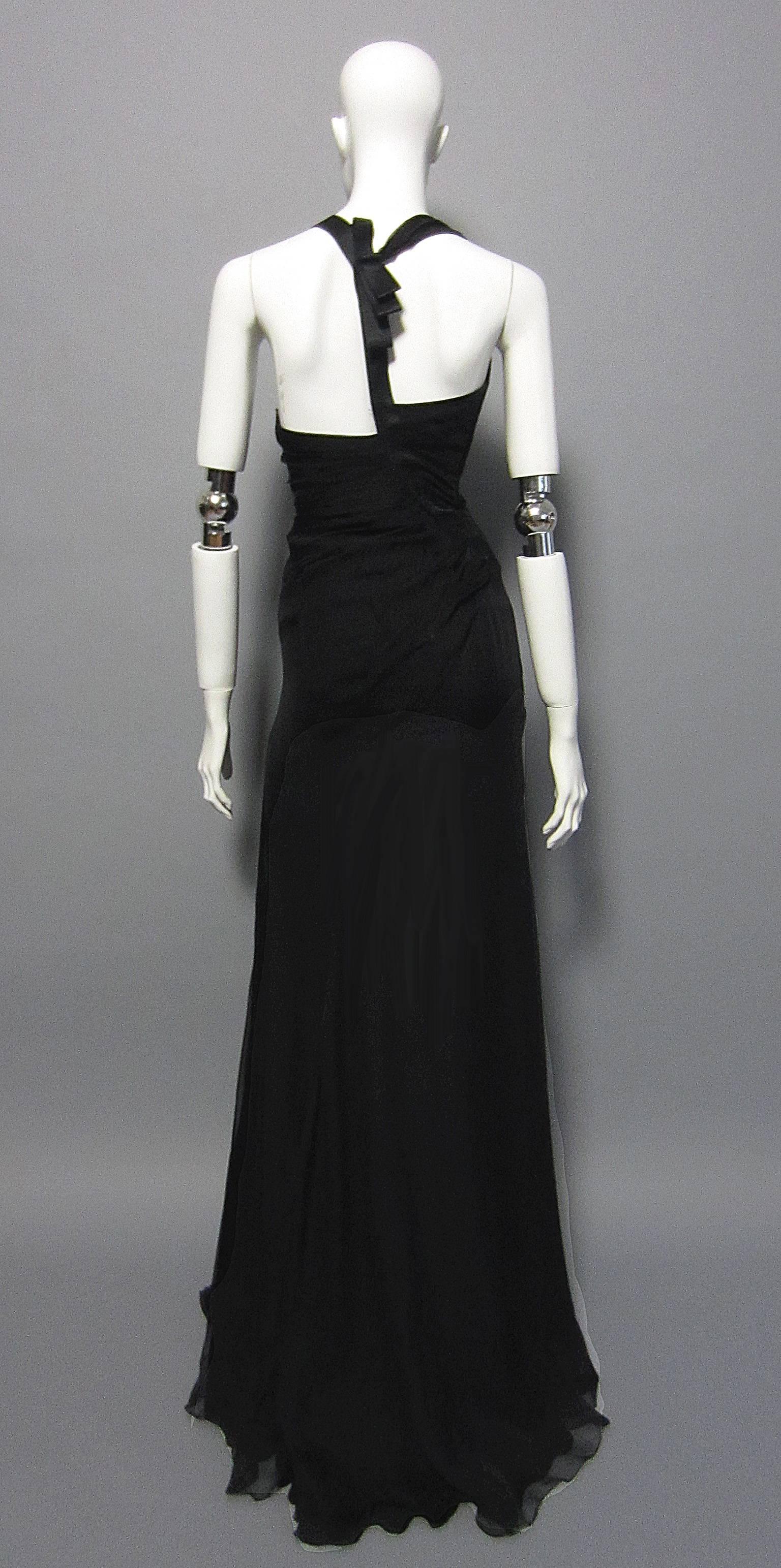 VERSACE Black Chiffon Gown with Asymmetrical Bow and Strap Detail For Sale 1