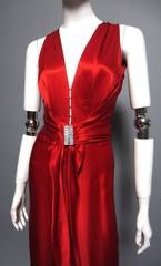 LUCA LUCA Red Silk Gown with Rhinestone Buckle Detail