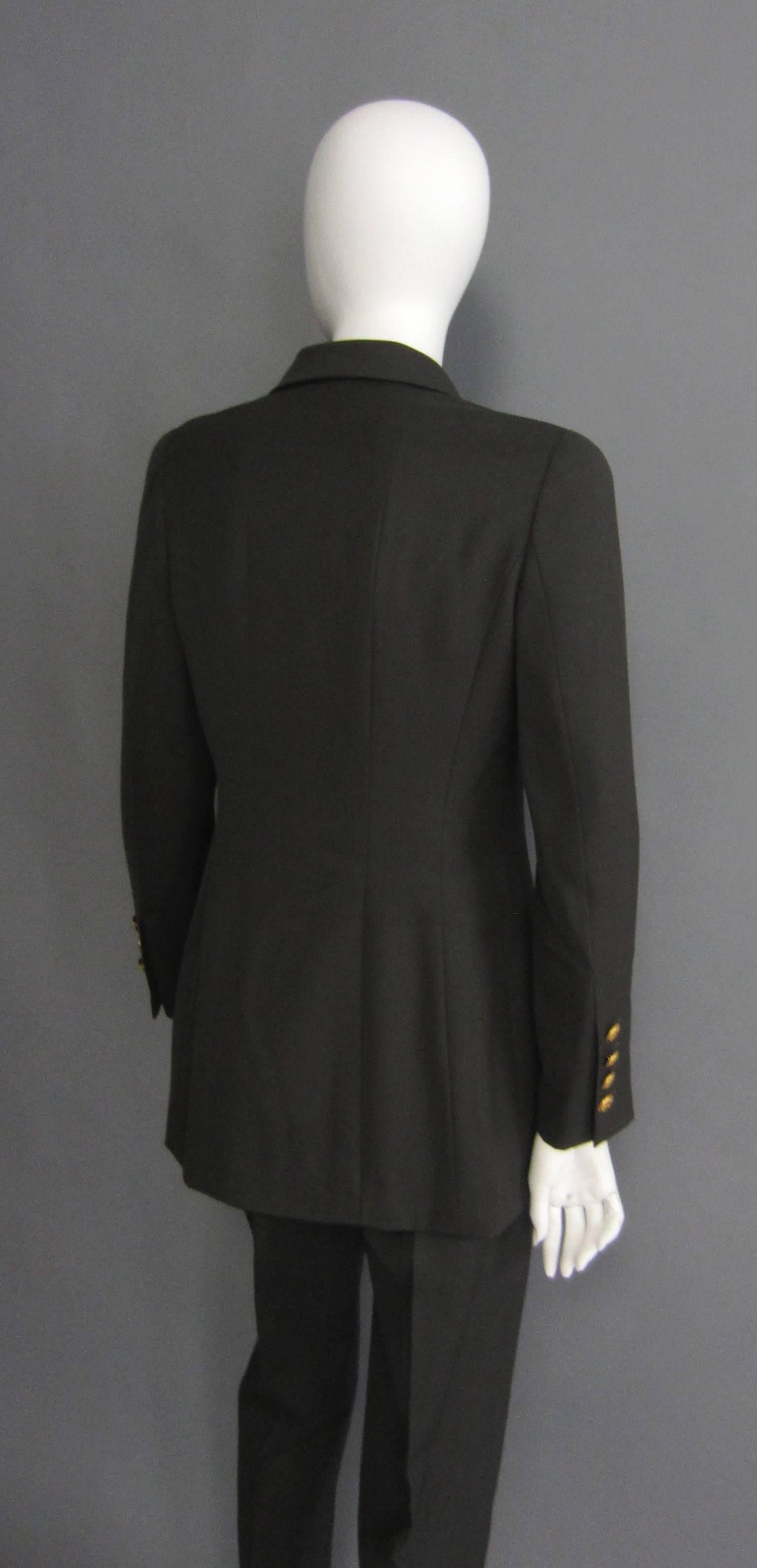 Women's 1996 CHANEL Dark Green Pant Suit with Gold Button Detail For Sale