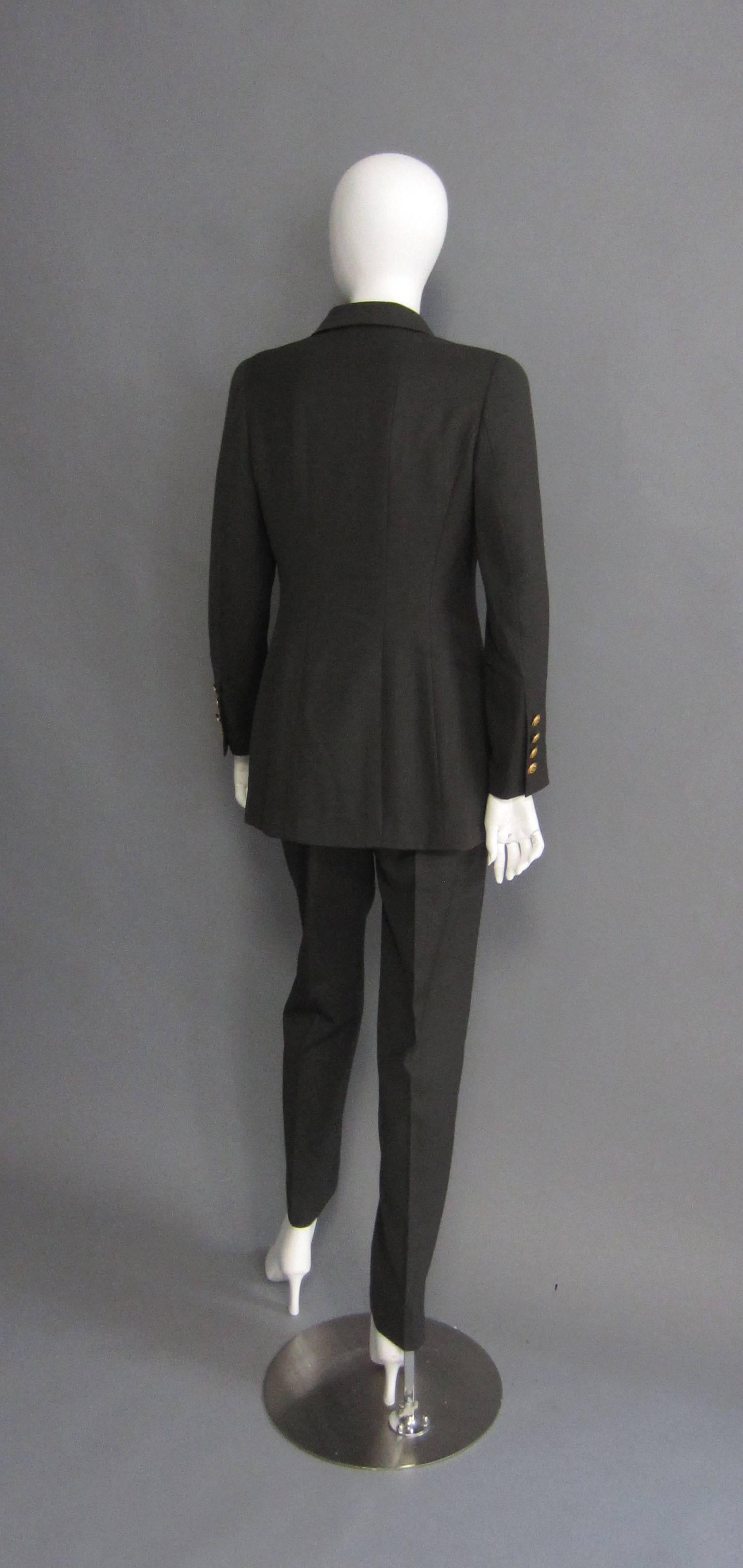 1996 CHANEL Dark Green Pant Suit with Gold Button Detail For Sale 1