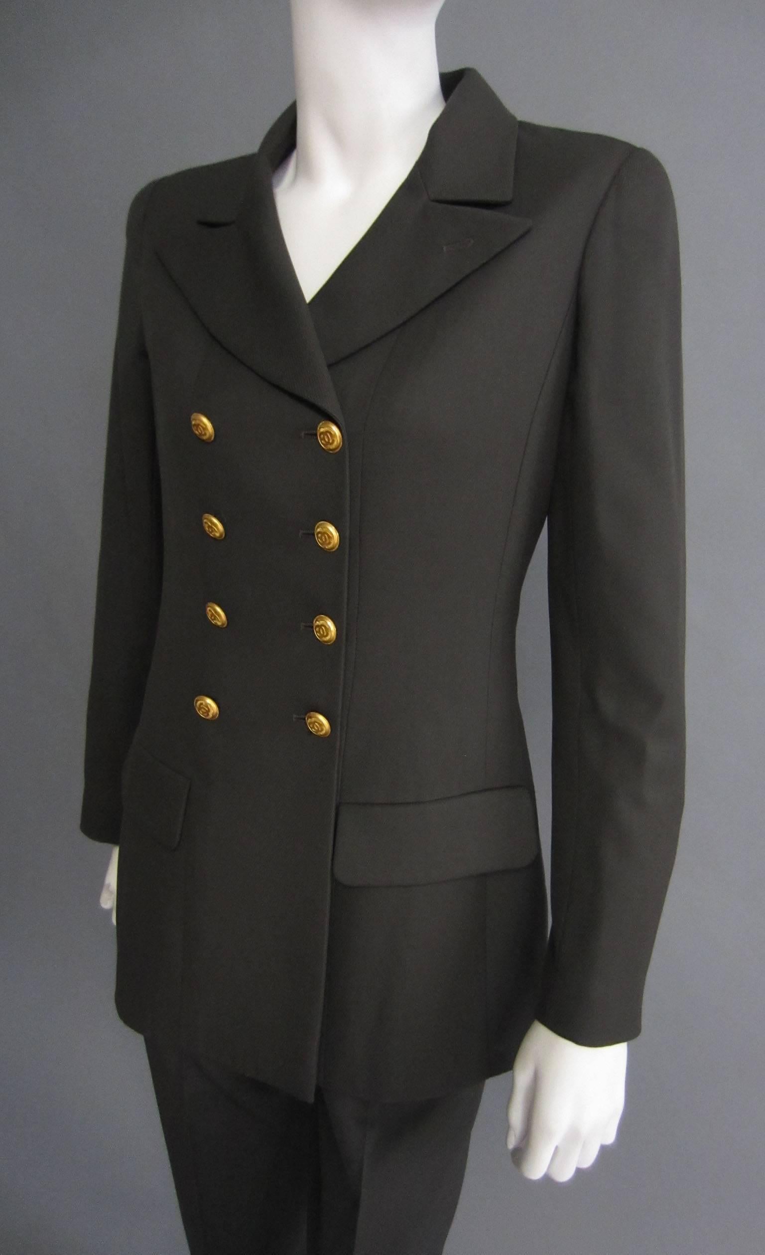 Black 1996 CHANEL Dark Green Pant Suit with Gold Button Detail For Sale