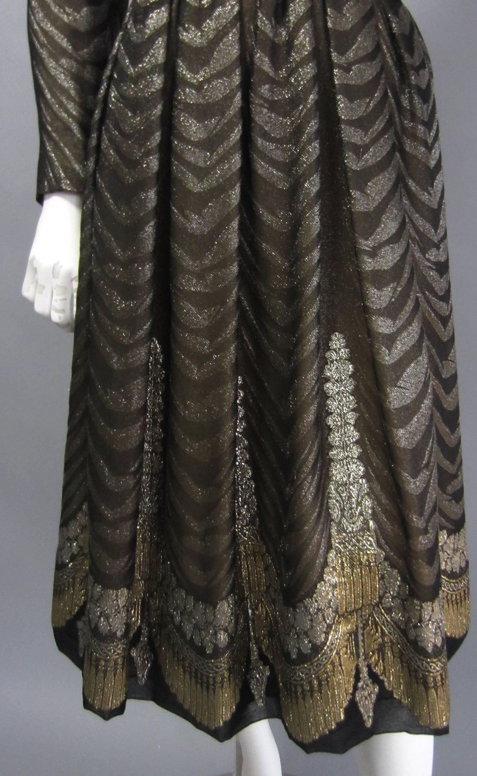 PAULINE TRIGERE Gold Lame Print Chiffon Pleated Cocktail Dress In Excellent Condition In New York, NY