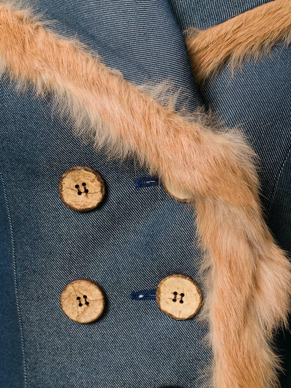 1990s Blue and camel-coloured silk-cotton blend, silk and rabbit fur double-breasted denim jacket from John Galliano Vintage. 
size 40 FR
Lining Composition
Silk 100%
Lining Composition
Rabbit Fur 100%
Outer Composition
Cotton 46%
Outer