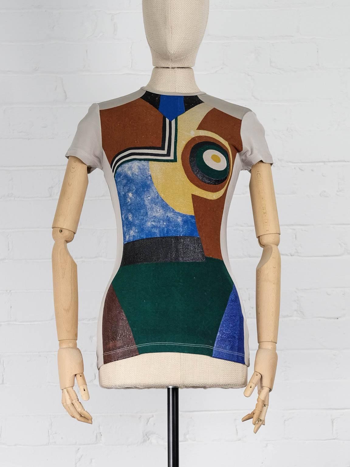 Spring/Summer 1990 'Rap'Pieuses' Collection. Nude and multicolour abstract print T-shirt featuring a round neck, short sleeves and a straight hem. Heavy print inspired by the painter Richard Lindner. Please note that this is an unworn archive piece.