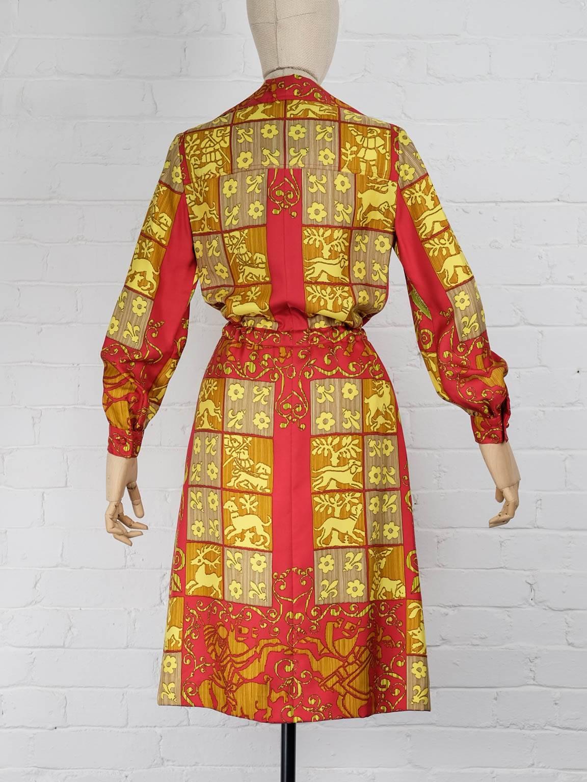Women's 1970s Hermès silk baroque printed shirt dress For Sale