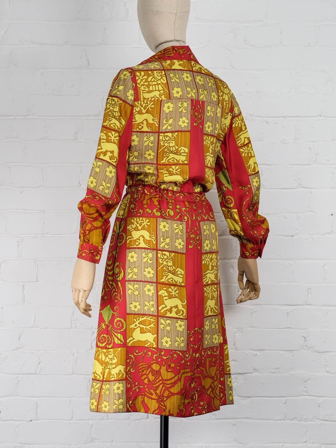 1970s Hermès silk baroque printed shirt dress In Excellent Condition For Sale In London, GB