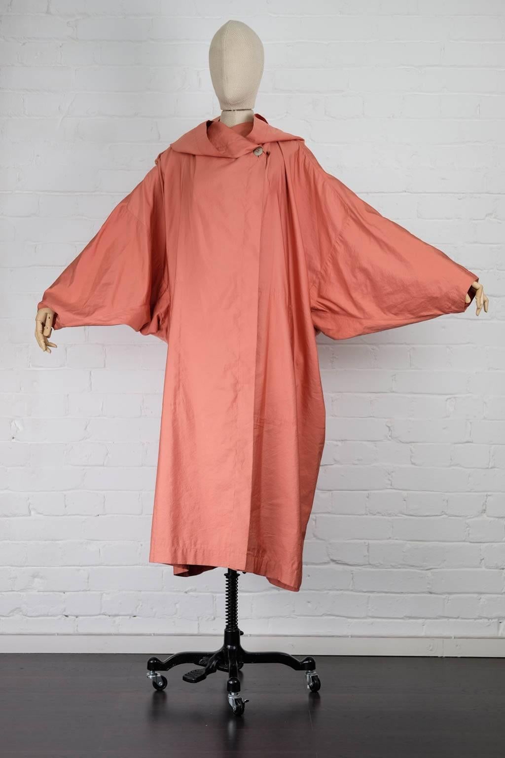 Orange 1980s ISSEY MIYAKE silk blend hooded cocoon light coat